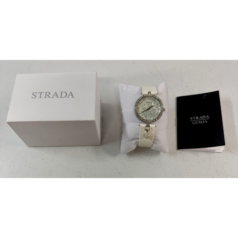 Strada White Austrian Crystal Silver Stardust Watch Whit Faux Leather Strap NEW!